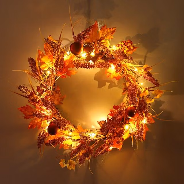 Livingandhome LED Autumn Wreath with Wheat, Maple Leaves and Berries in Orange