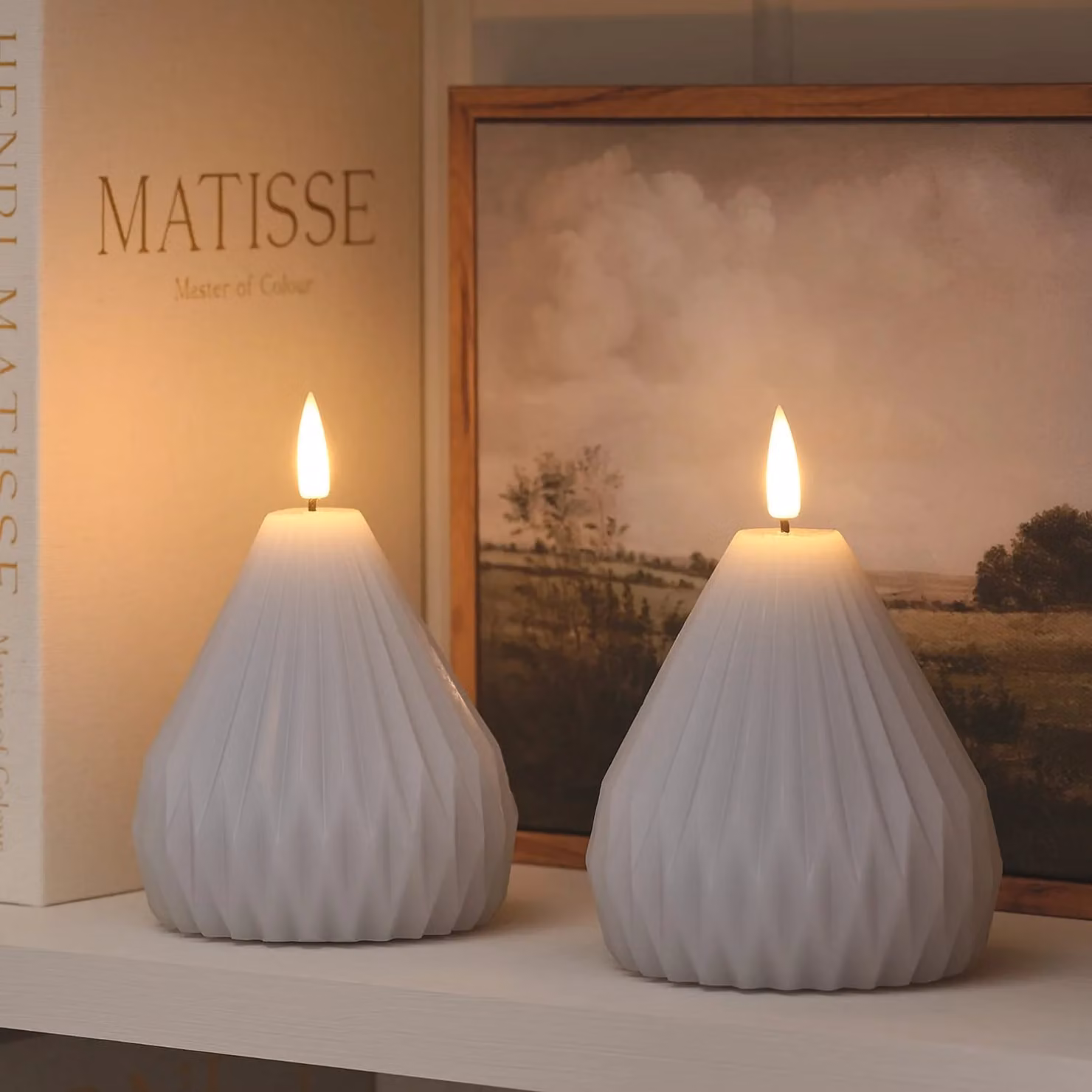 Lights4fun Set of 2 TruGlow Sculpted LED Pear Candles in White and Grey with Remote Control and Timer – 1