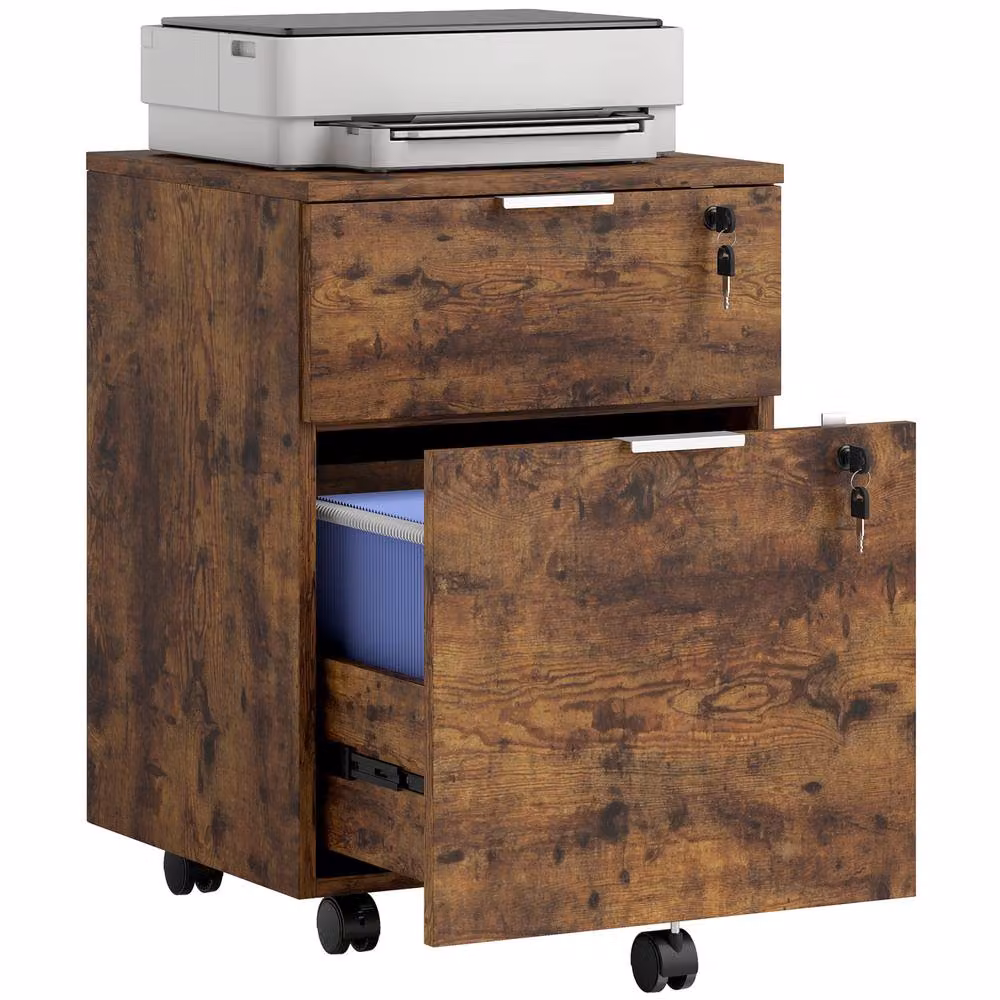 HOMCOM 2 Drawer Brown Industrial Filing Cabinet with Lock and Castors – 2