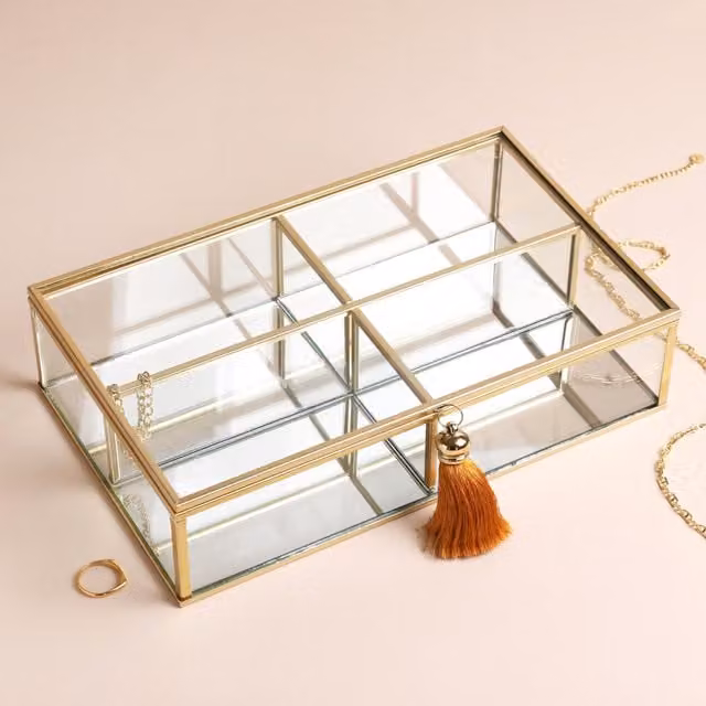 Lisa Angel Large Glass and Metal Jewellery Box with Lid in Gold and Orange