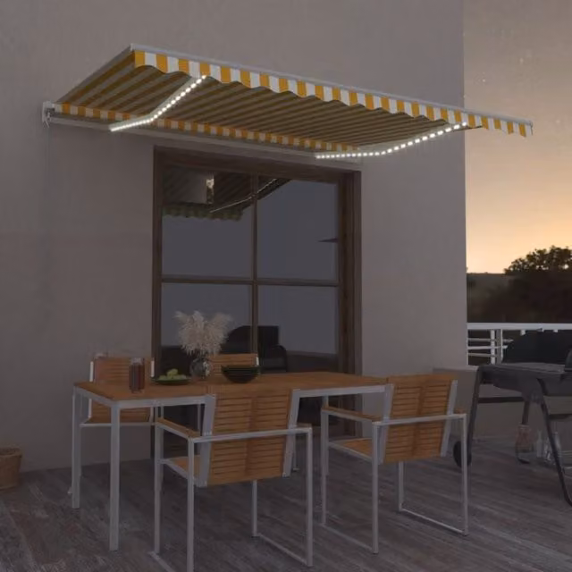 Berkfield Home Manual Retractable Awning with LED, Yellow and White, W: 400 cm, D: 300 cm