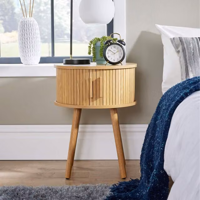 Home Source Coalville 2 Door Bedside Side Table in Natural Brown and Beige