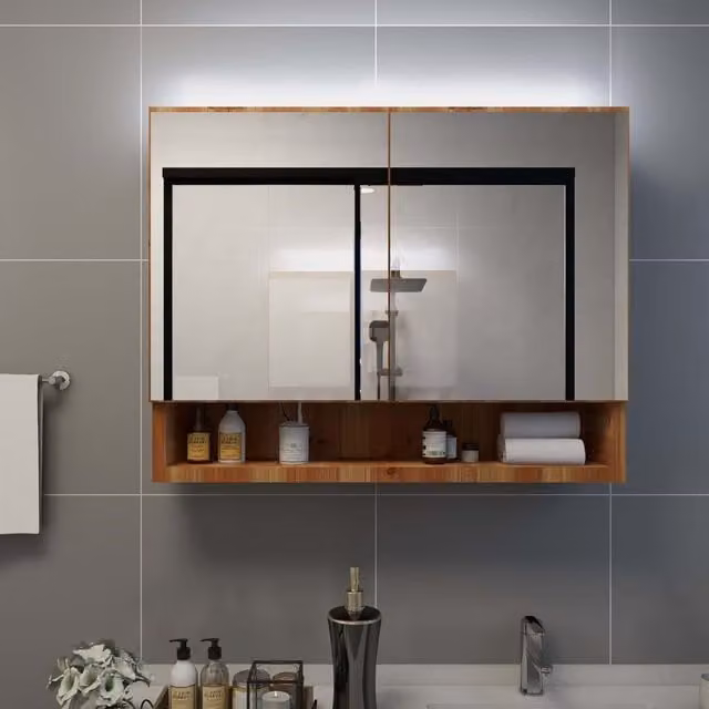 Berkfield Home LED Bathroom Mirror Cabinet in Oak Brown, W/D/H: 80 x 15 x 60 cm – 1