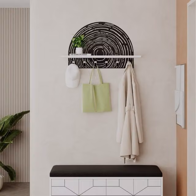 Decortie Modern White Pine Hanger with Shelf and Metal Hooks