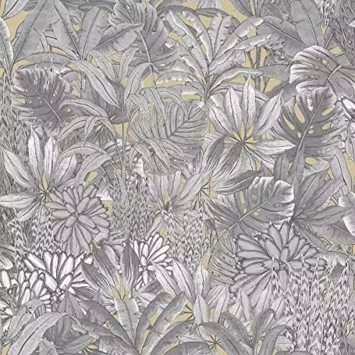 Muriva Lush Forest Gold Metallic Wallpaper with Tropical Foliage and Jungle Creatures – 1