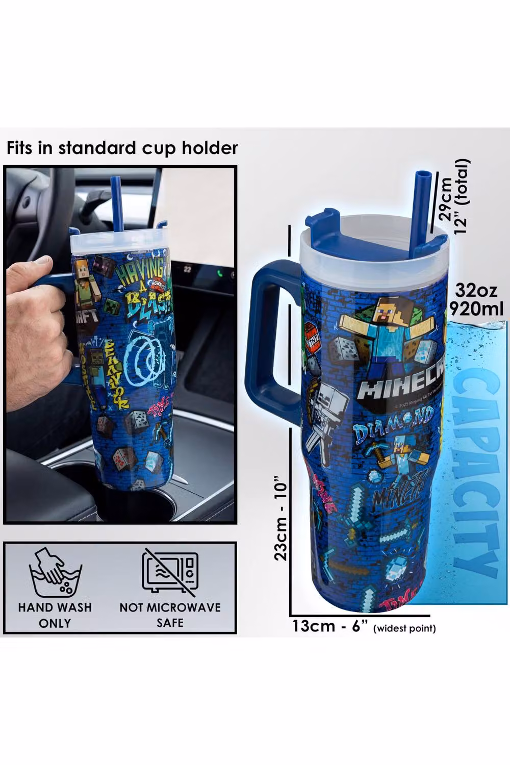 Minecraft Insulated Stainless Steel Tumbler with Straw and Handle, Blue, 920ml – 3