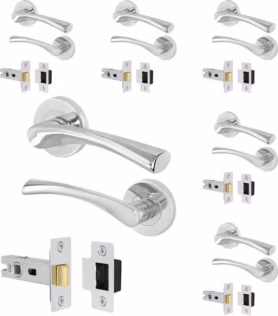 AFIT Polished Chrome Rose Door Handles with Latch, 6 Pairs, Silver, W/D/H: 15.0 x 15.0 x 12.0 cm – 1