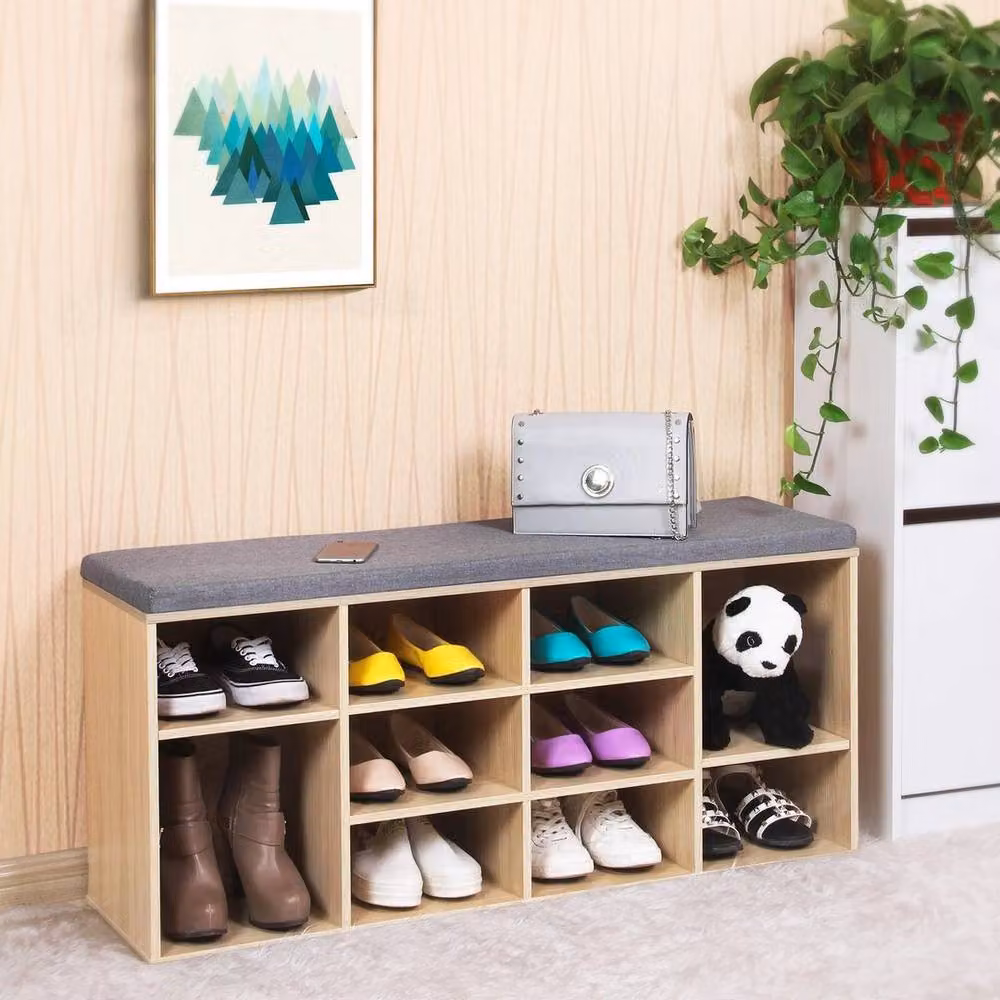 Kelvenix Brown Woody Storage Bench and Shoe Rack with Padded Fabric Cushion – 3