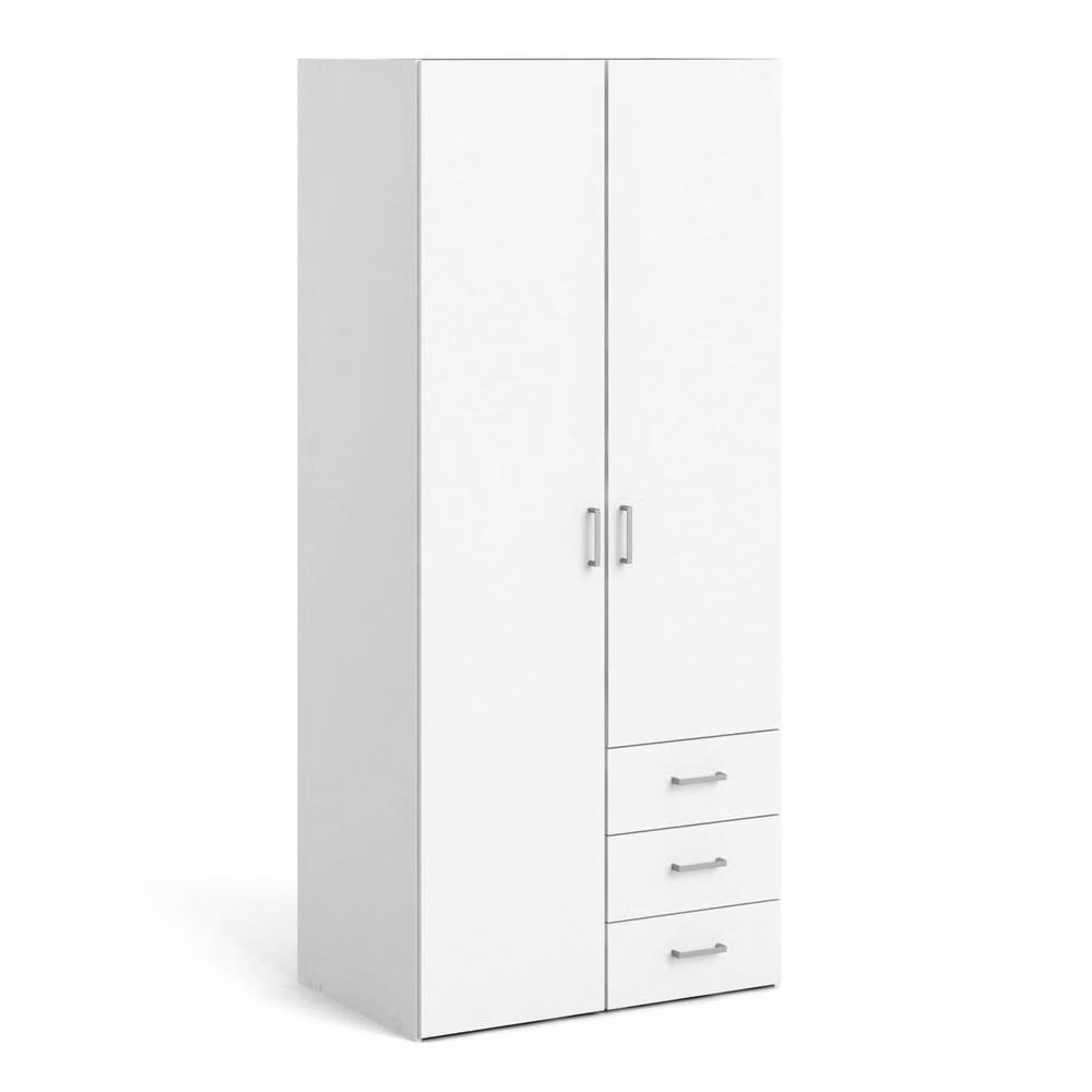 Wyld Haus Munich White Wooden Wardrobe with 2 Hinged Doors, 3 Drawers and Internal Shelves – 2