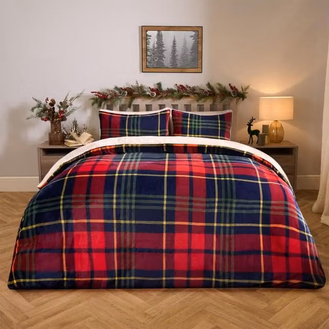 OHS Oxford Check Sherpa Duvet Set in Red, Single, 90 x 200 cm