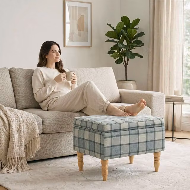 HOMCOM Grey Linen Fabric Upholstered Rectangular Footstool with Removable Cover
