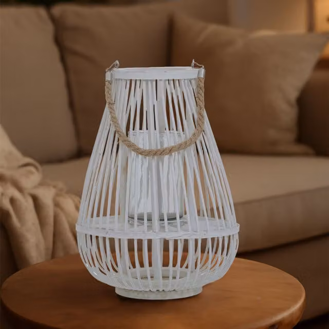Premier Housewares Small White Bamboo Lantern with Glass Candle Holder and Natural Rope Handle, W/D/H: 28 x 28 x 38 cm – 2