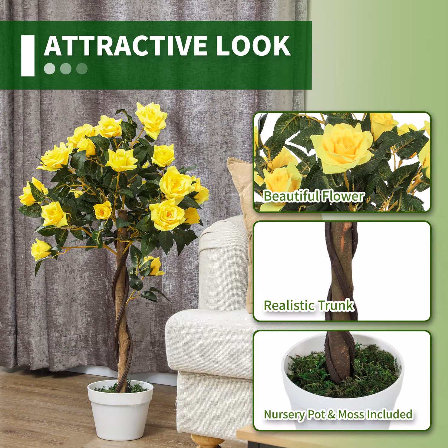 Outsunny Set of 2 Artificial White and Yellow Rose Floral Plants in Pots, Height: 90 cm – 4