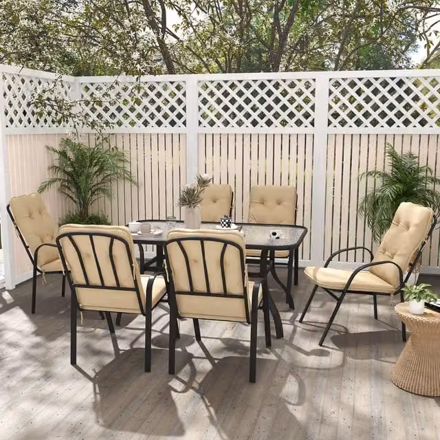Outsunny 7 Piece Modern Garden Dining Set with Rectangular Glass Table and Beige Chairs