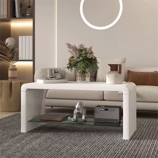 EONLION Modern High Gloss White Square Coffee Table with Glass Shelf, W x D: 100 x 100 cm – 1