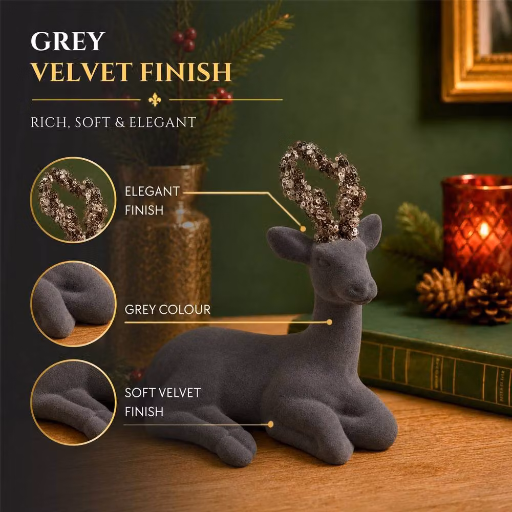 Shatchi Grey Velvet Sitting Deer with Antlers Christmas Reindeer Ornament, Height: 19 cm – 3