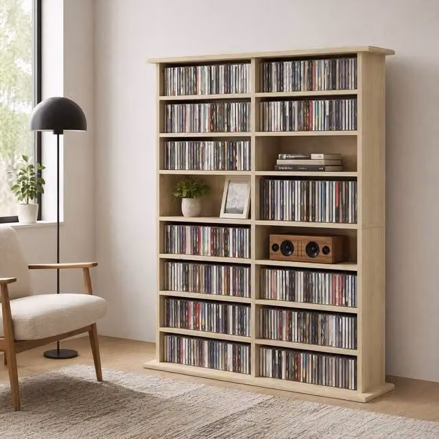 STILVORA Media Storage Unit in Sand with 12 Adjustable Shelves and Media Compartments