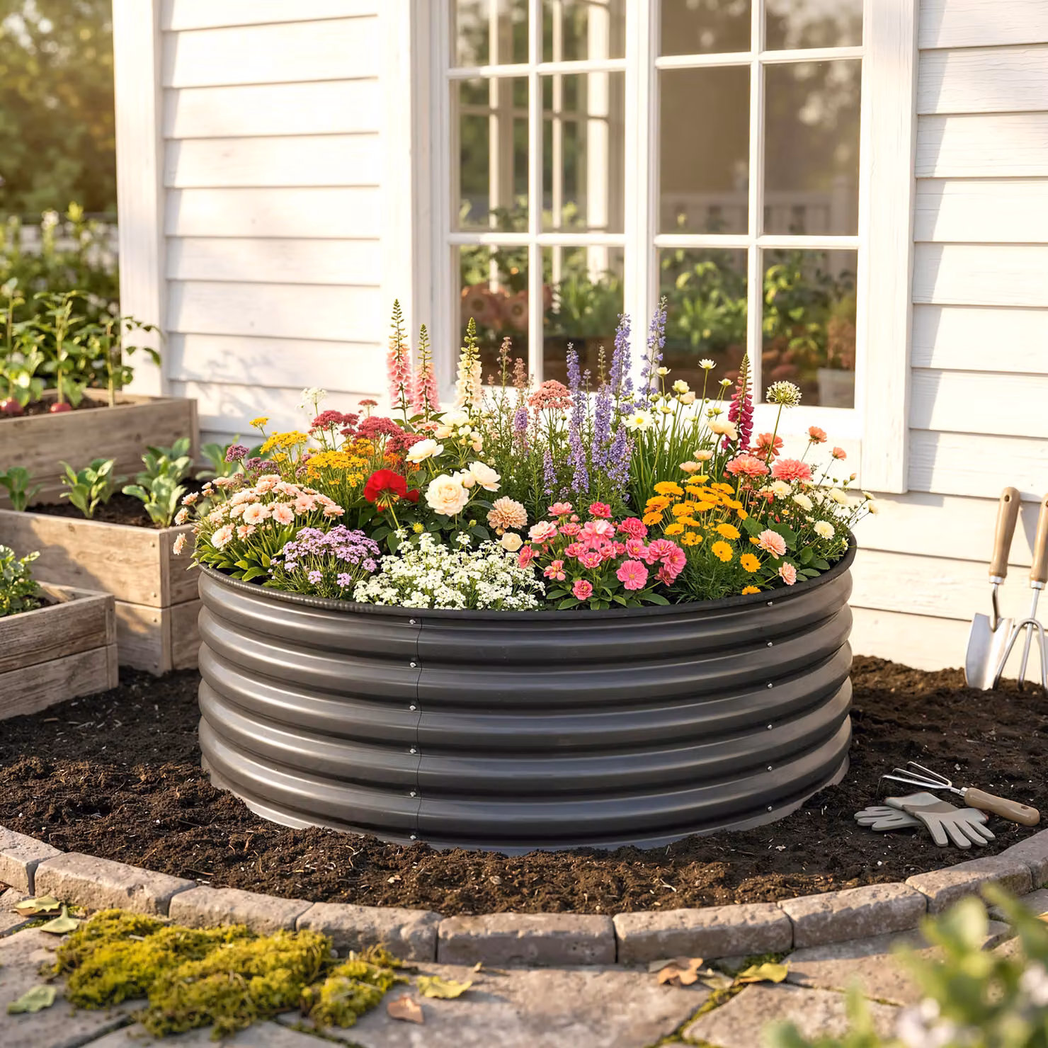 Outsunny Galvanised Steel Raised Garden Bed with Safety Edging in Dark Grey, W/D/H: 120 x 120 x 43 cm – 6