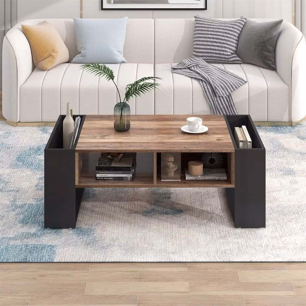 FORGEVIO Rectangular Wooden Coffee Table with Storage in Brown and Black – 3