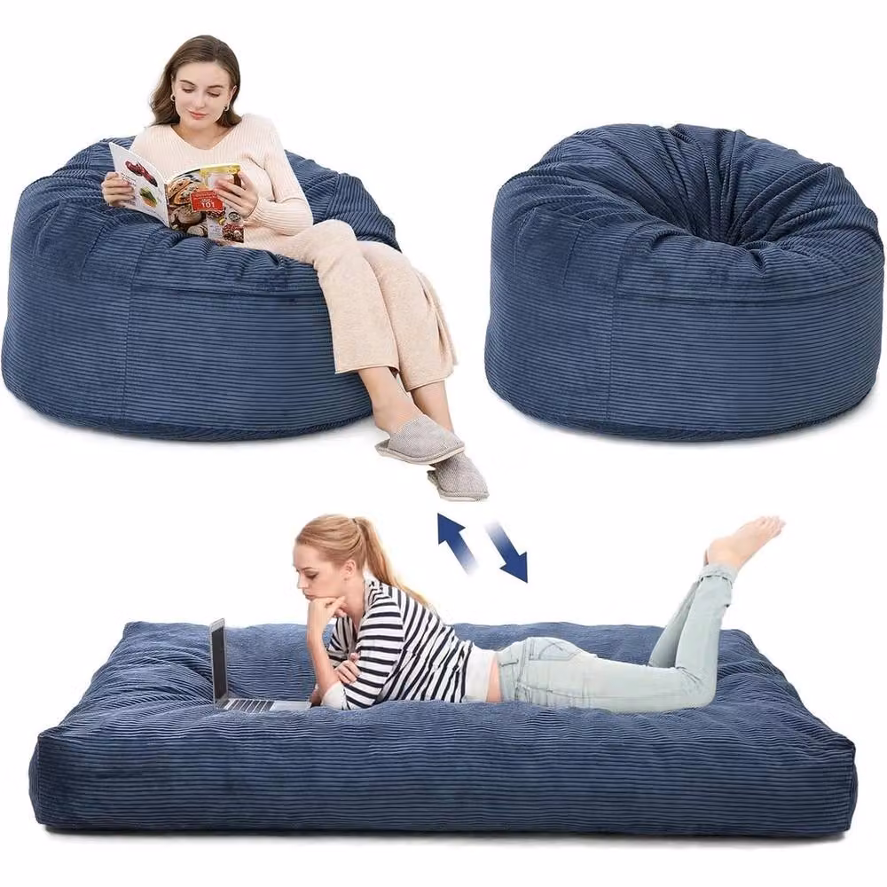 VOGREX 2 in 1 Convertible Bean Bag Chair Bed and Corduroy Floor Sofa in Blue with Shredded Memory Foam and Removable Cover – 2
