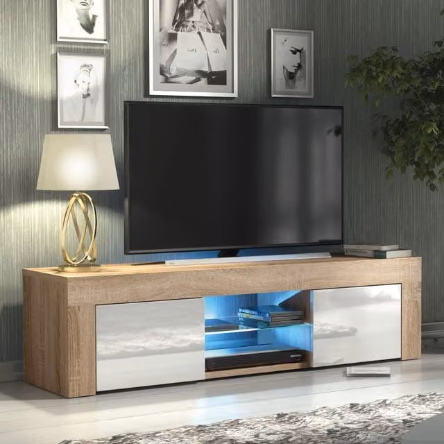 Mex Furniture LTD Modern Glossy TV Unit with LED Lights in Light Oak, W: 130 cm, D: 35 cm, H: 35 cm