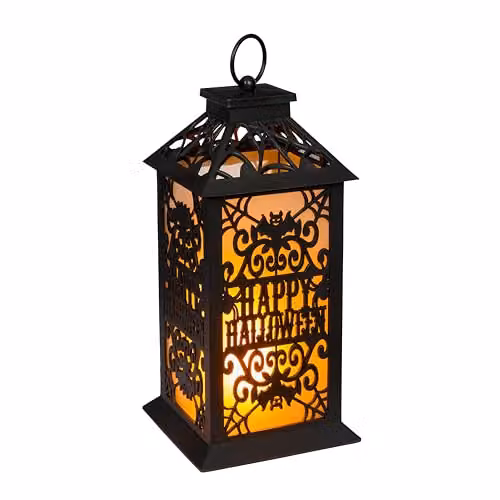 Lights4Fun Halloween Lantern in Black Metal with Flickering Warm White LED, Bat and Spiderweb Detail, H 32 cm – 3
