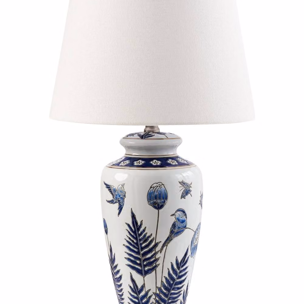 Wyld and Coco White and Blue Ceramic Table Lamp with Fabric Shade – 2