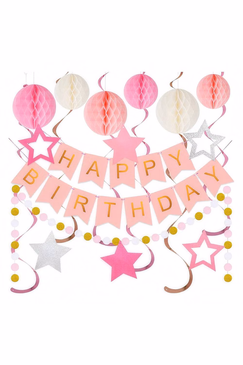 Living and Home Pink, White and Gold Birthday Party Decoration Set with Paper Pompoms, Pennants, Stars and Geometric Letters – 2