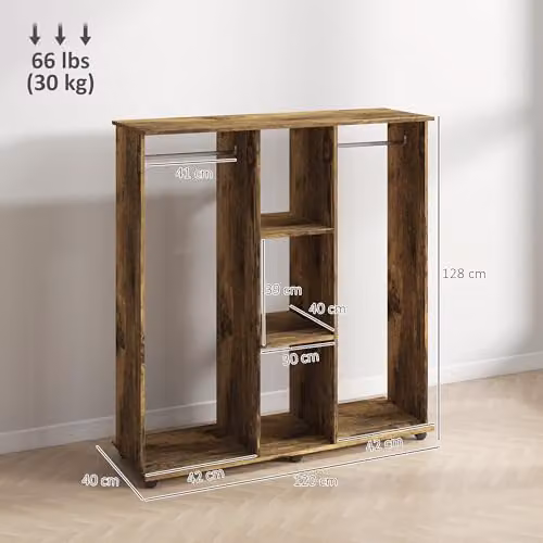 HOMCOM Double Open Mobile Wardrobe with Clothes Hanging Rails in Rustic Brown, W/D/H: 120 x 40 x 128 cm – 3