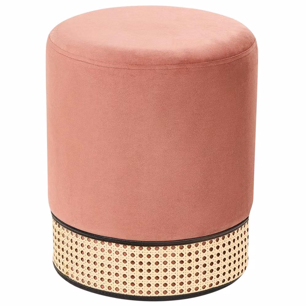 Wyld and Coco Pink Velvet Boho Round Ottoman with Natural Rattan Weave Base, W/D/H: 35 x 35 x 42 cm – 2