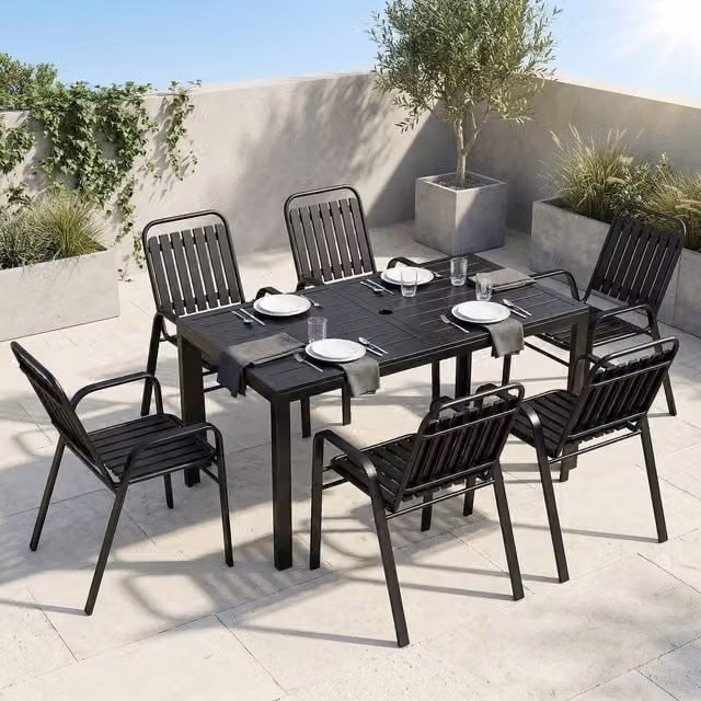 Outsunny Modern Black Metal Garden Table and 6 Chairs Set with Umbrella Hole