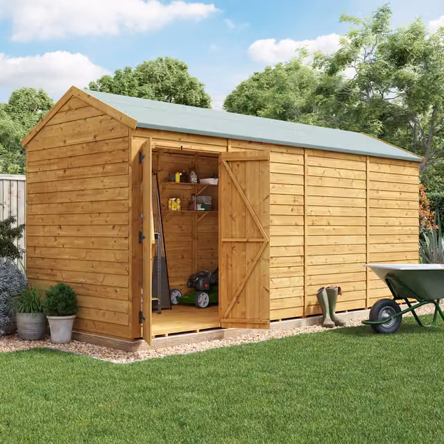 BillyOh Switch Overlap Apex Wooden Garden Shed in Brown with Double Doors and Gable Roof