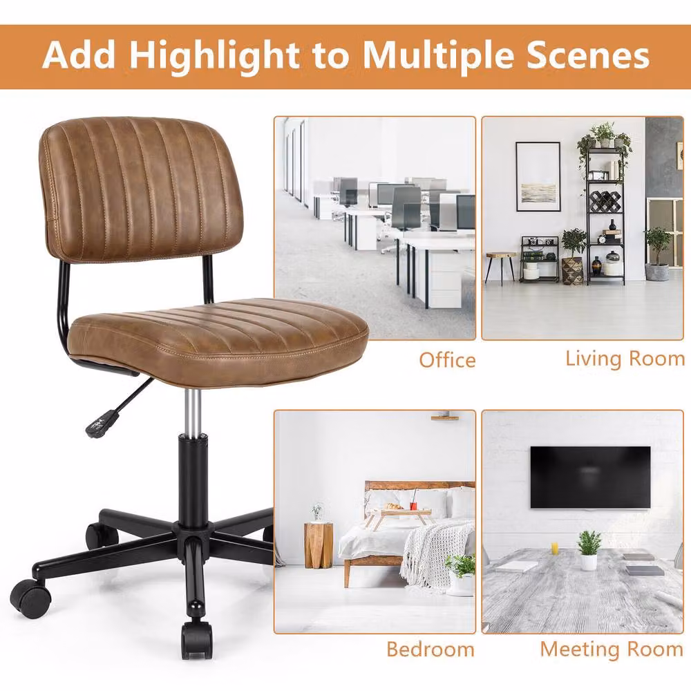 Costway Brown PU Leather Swivel Office Chair with Height Adjustment and Castors – 4