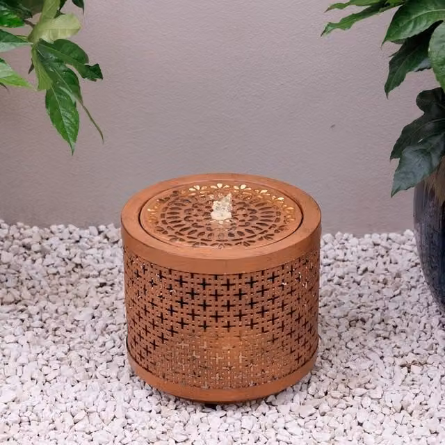 Primrose Brown Geometric Cut Out Design Ceramic Tabletop Water Feature with LED Lights, Height: 32 cm
