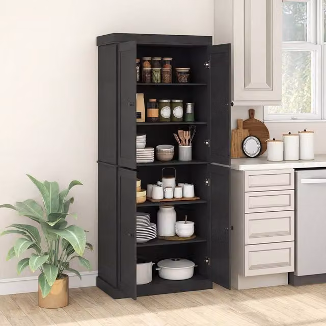 Gymax 4-Door Tall Kitchen Pantry Cabinet, Black Freestanding Storage Unit, Height: 185 cm – 1