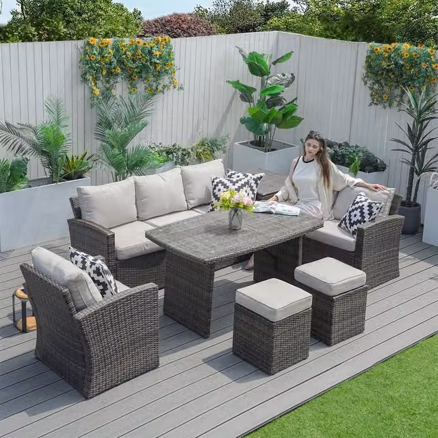 Abrihome 7-Piece Brown Wicker L-Shape Patio Conversational Sofa Set with Beige Cushions and Ottoman