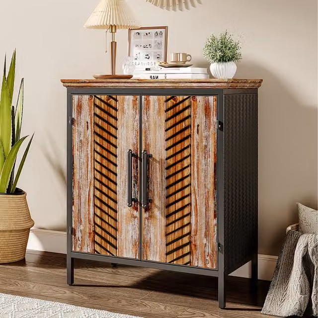 Komore Vintage Striped Wooden and Metal Storage Cabinet in Brown and Black