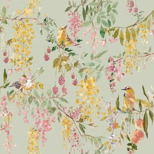 Grandeco BlackBerry Trail Botanical Floral Textured Wallpaper, Green