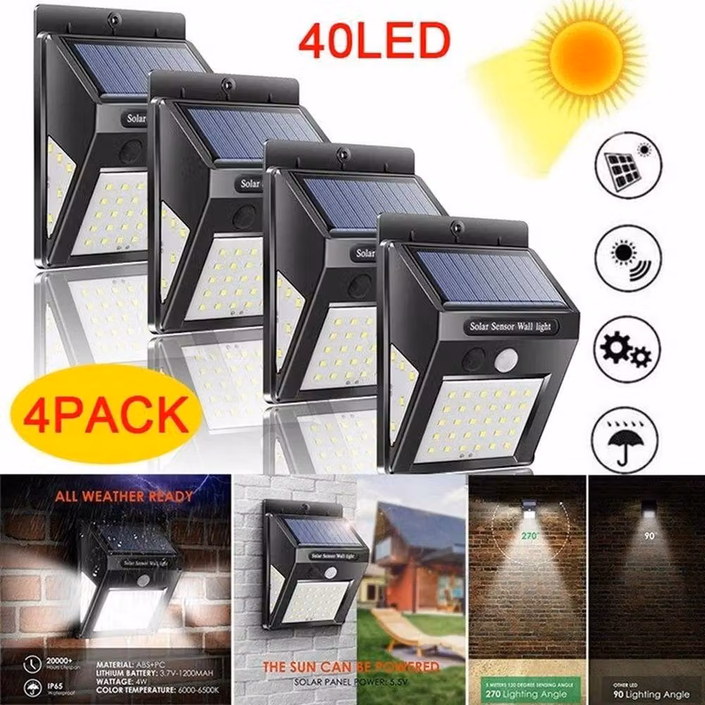 FLAVORA 4x 40 LED Solar Powered Outdoor PIR Motion Sensor Wall Light in Black – 5