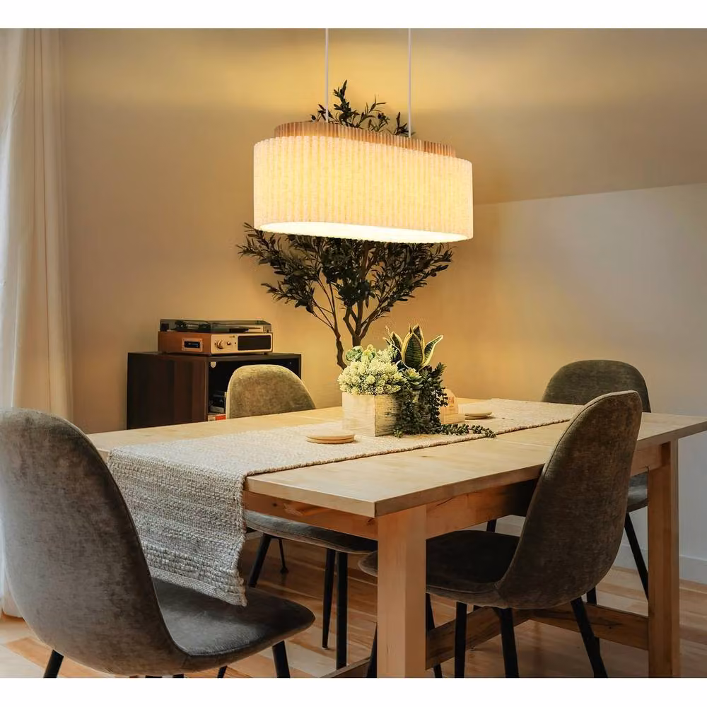 Globo Lighting Jannie Bar Pendant Ceiling Light in Brown and Beige with Wood and Fabric Shade, Height Adjustable, 3x E27 – 4
