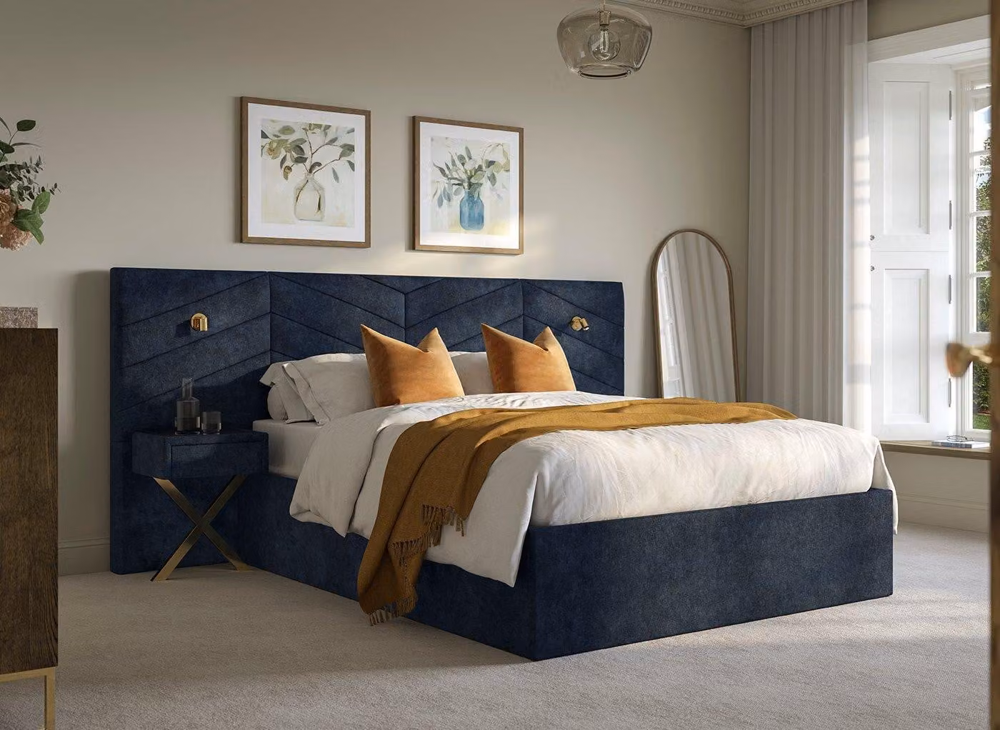 Dreams Saffron Blue Upholstered Ottoman Bed Frame with Bedside Tables