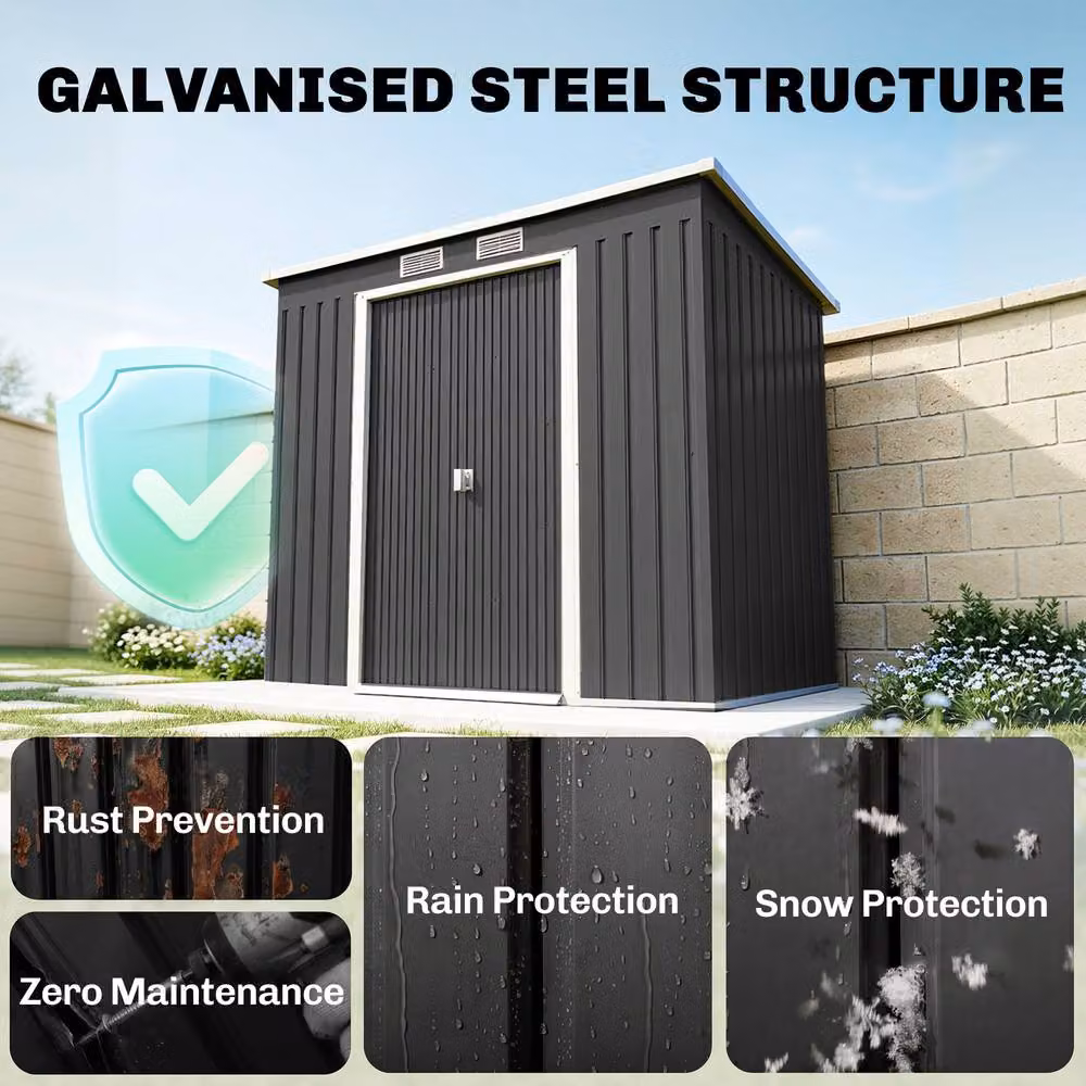 Rolipo Galvanised Steel Garden Shed with Foundation Kit and Double Doors, Dark Grey, W: 213.4 cm, D: 121.9 cm, H: 172 cm – 5