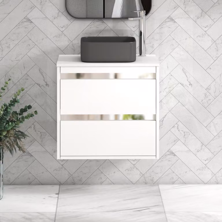 Royal Bathrooms Orion 600mm Matt White Wall Hung 2 Drawer Vanity Unit with Art Square Basin and Chrome Accent Trim
