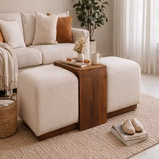 Artisan Furniture Modern Mango Wood Bench in Brown and Beige with Bouclé Fabric