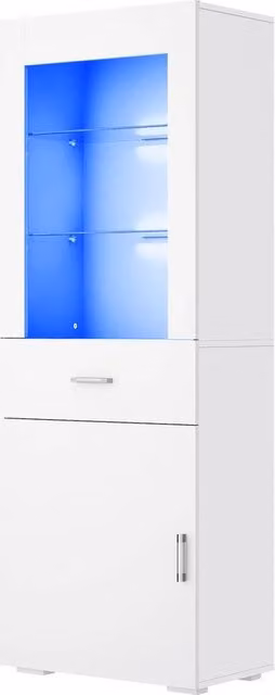 FLAVORA Modern High Gloss White Display Cabinet with Glass Doors and Internal Shelves, H 165 x W 35 x D 35 cm