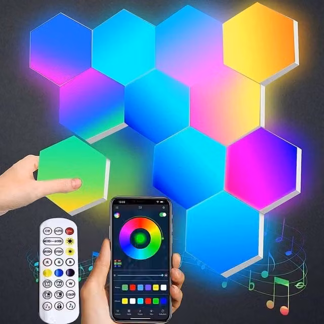 NESTLUNE 8 Pack Hexagon RGB LED Panel Lights with App and Remote Control in Multicolour – 1