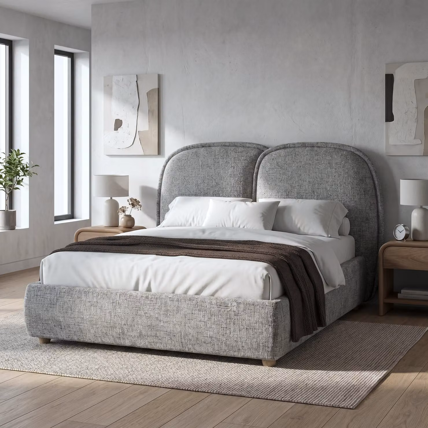 Embracea Upholstered Bed Frame with Tall Headboard in Grey, Double (140 x 200 cm)