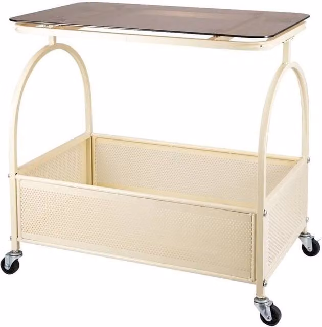 FORGEVIO Movable Side Table with Wheels and Glass Top in Beige – 1