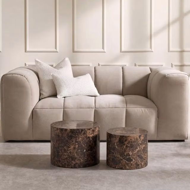 OHS Set of 2 Round Marble Effect Coffee Tables in Chocolate Brown – 1