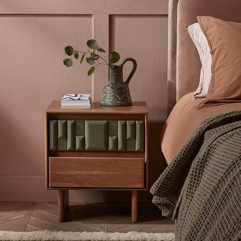Atkin & Thyme Lisbon Mid-Century Acacia Wood Bedside Table in Green and Brown, W/D/H: 35 x 45 x 50 cm